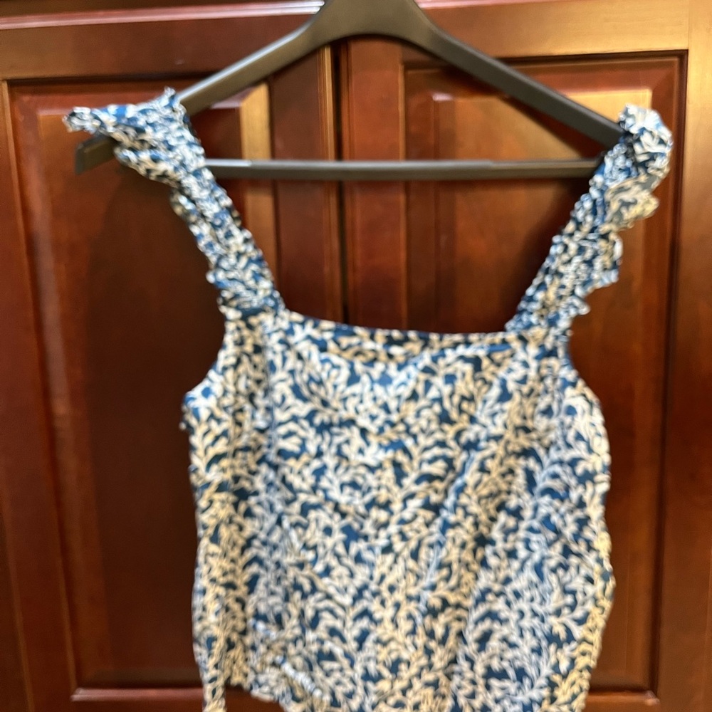 J. Crew Blue and White Ruffled Flutter Sleeve Tank Top BRAND NEW